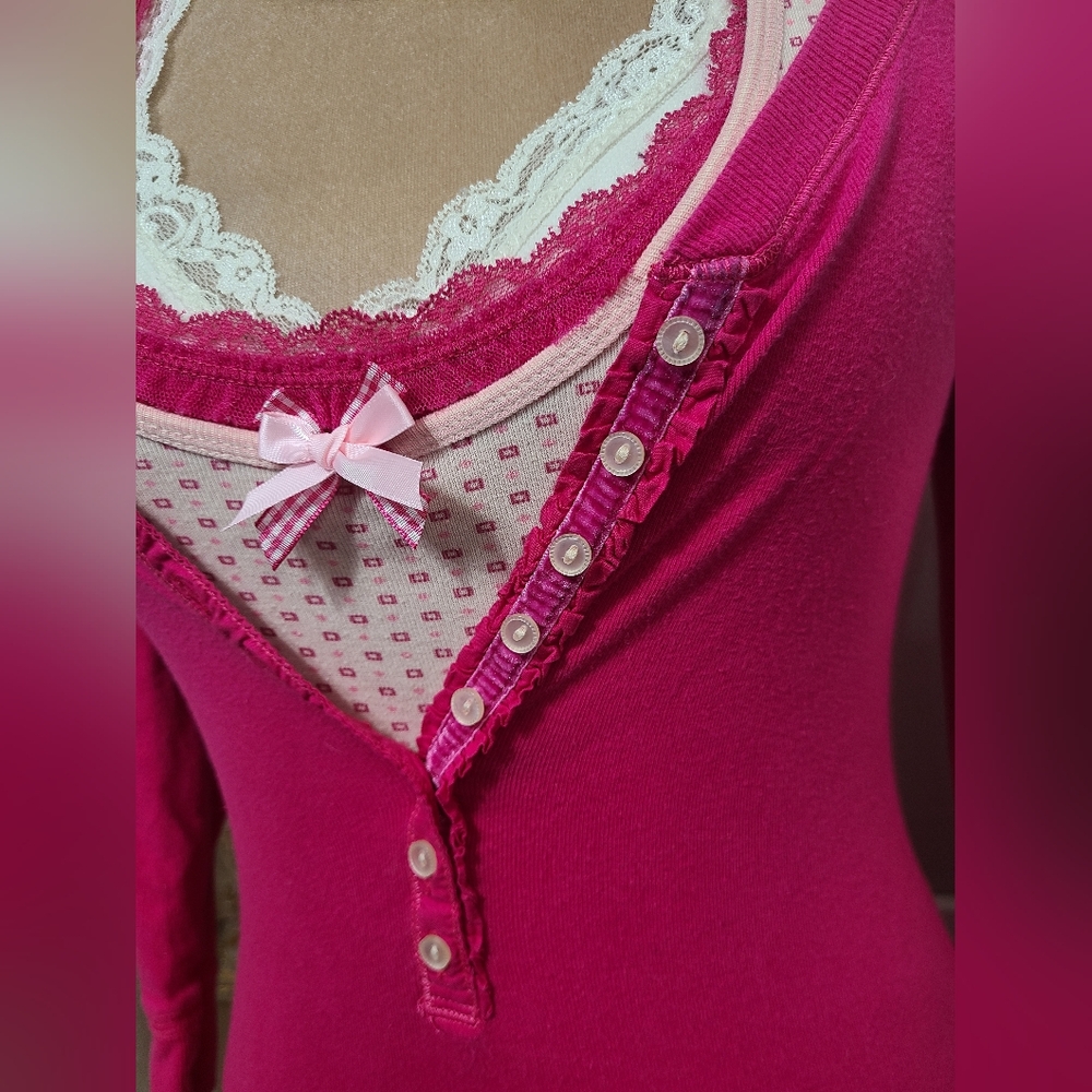 ♡ Y2K ♡ Abercrombie Hot Pink Button Down Babydoll Henley Top - Picture 9 of 11